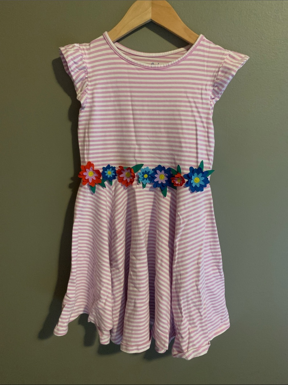 Mini Boden Pink & White Striped Dress with Floral Waist Trim. Girls size 7-8